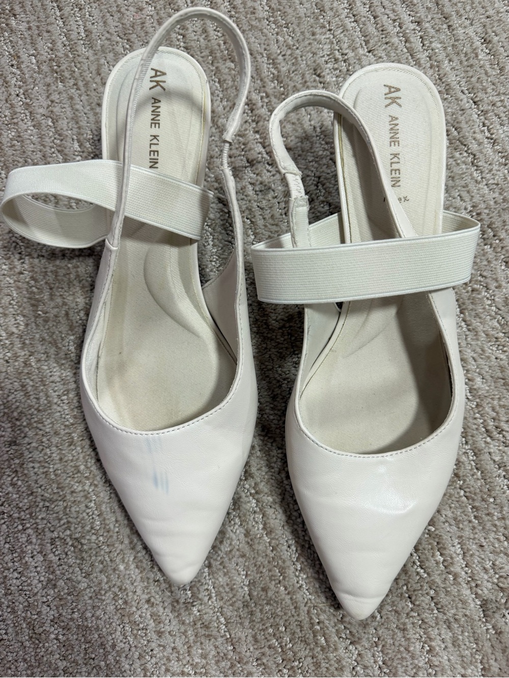 Anne Klein White Pointed Slingback Heels with Elastic Strap